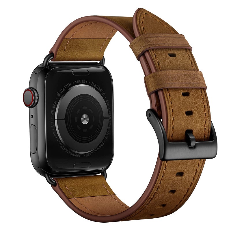 OUHENG Leather Bands Compatible with Apple Watch Band 49mm/46mm/45mm/44mm/42mm, Genuine Leather Strap for iWatch Series 11/10/9/8/7/6/5/4/3/2/1 & Ultra 3/2/1 & SE3 SE2 SE, Retro Dark Brown/Black - Image 2